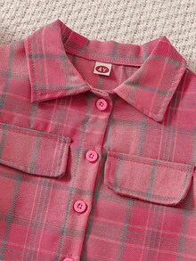 Toddler Girls' Fashion Casual Cute Set: Plaid Stylish Minimalist Shirt Jacket + Pink Camisole + Fringed Pink Button Minimalist Denim Shorts