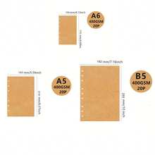 1 Packung mit 20 Blatt/40 Seiten Nachfüllpapier (Kraftpapier), 400g dickes cremefarbenes Kraftpapier, erhältlich in 3 Größen: A6 (6 Löcher, 105*170mm), A5 (6 Löcher, 142*210mm), B5 (9 Löcher, 182*255mm) - 20 SIM-Karten, 40 Seiten (400GSM) - Übersicht 2