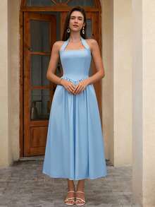 Women's Halter Backless Slit Dress, Elegant Casual Suitable For Dates, Vacation, Beach Parties, Women's Elegant Dress, Women's Casual Dress, Vacation Dress - Blue - View 8