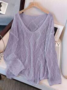 女士V领镂空菱形设计宽松针织罩衫，轻盈透气，适合海滩度假，春夏皆宜 - 紫色 - 查看 1