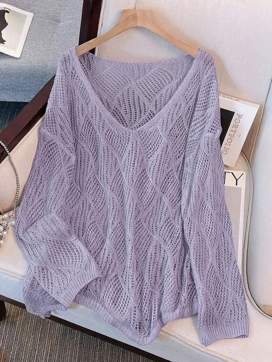 女士V领镂空菱形设计宽松针织罩衫，轻盈透气，适合海滩度假，春夏皆宜 - 紫色 - 查看 1