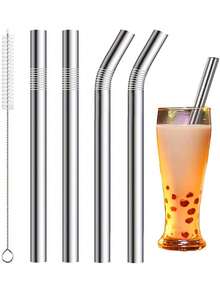 4/2/1pc Extra Wide (0.47") Stainless Steel Smoothie Straws, 4 Packs Reusable Metal Drinking Straws For Boba, Milkshakes & Thick Drinks, Includes Cleaning Brush, For Home, Party, And Bar Use - Multicolor - View 1