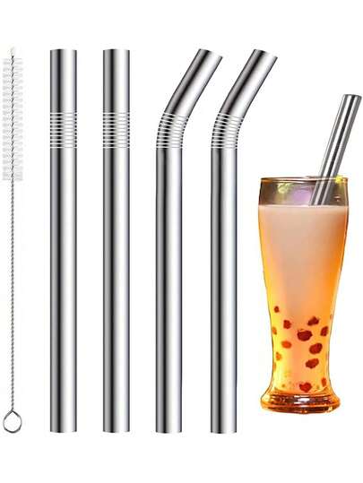 4支宽（0.4英寸）不锈钢奶昔吸管，4包可重复使用的金属吸管，适用于珍珠奶茶、奶昔和浓稠饮料，包含清洁刷，是家庭、派对和酒吧使用的理想之选。
