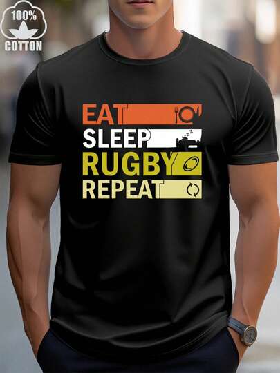 Men's Rugby Graphic-Shirt - Eat Sleep Rugby Repeat Design - Black With Orange/Yellow Accents - Heavyweight% Cotton Crewneck Tee - Regular Fit Shirt Rugby Training, Casual Casual Attire - Washable Mens Apparel, Sports Enthusiast Clothing, Athletic Wear, Slogan Print, Breathable Material, Short Sleeve Top, Active Lifestyle