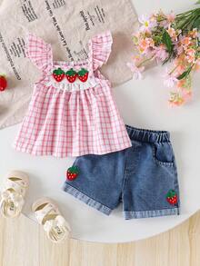 2pcs Girls Toddler Casual Strawberry Plaid Top + Blue Denim Shorts Set, Summer Vacation Outfit - Pink - View 1