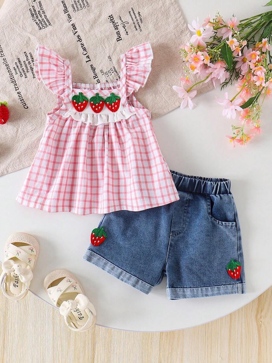 2pcs Girls Toddler Casual Strawberry Plaid Top + Blue Denim Shorts Set, Summer Vacation Outfit - Pink - View 1
