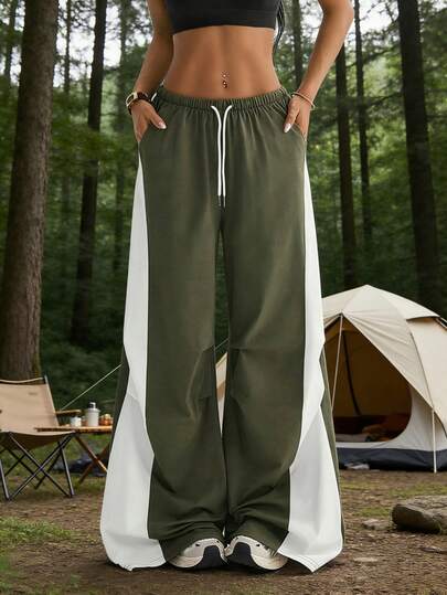 1 st dambyxor i standardstorlek för fitness och löpning, utomhusvandring, casual, färgblocksdesign, sportbyxor med dragsko och vida ben, mångsidiga sportbyxor med dragsko och vida ben