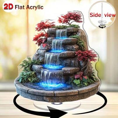 2D Flat, 1 Piece 2D Flat Rotating Acrylic Desktop Fountain - 3 Tier Outdoor Waterfall, Green Plants, Electricity-Free, Durable Acrylic Relaxation Decor, Suitable For Home And Office Ambiance, Modern Minimalist Design, Indoor Water Fountain Decor, Water Feature, Natural Stone Texture
