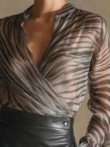 Women's Fashion Chiffon Long Sleeve Blouse, Featuring Sheer Zebra Print, Crossed Ruffle Hem, Suitable For Evening Dates - Black - View 5