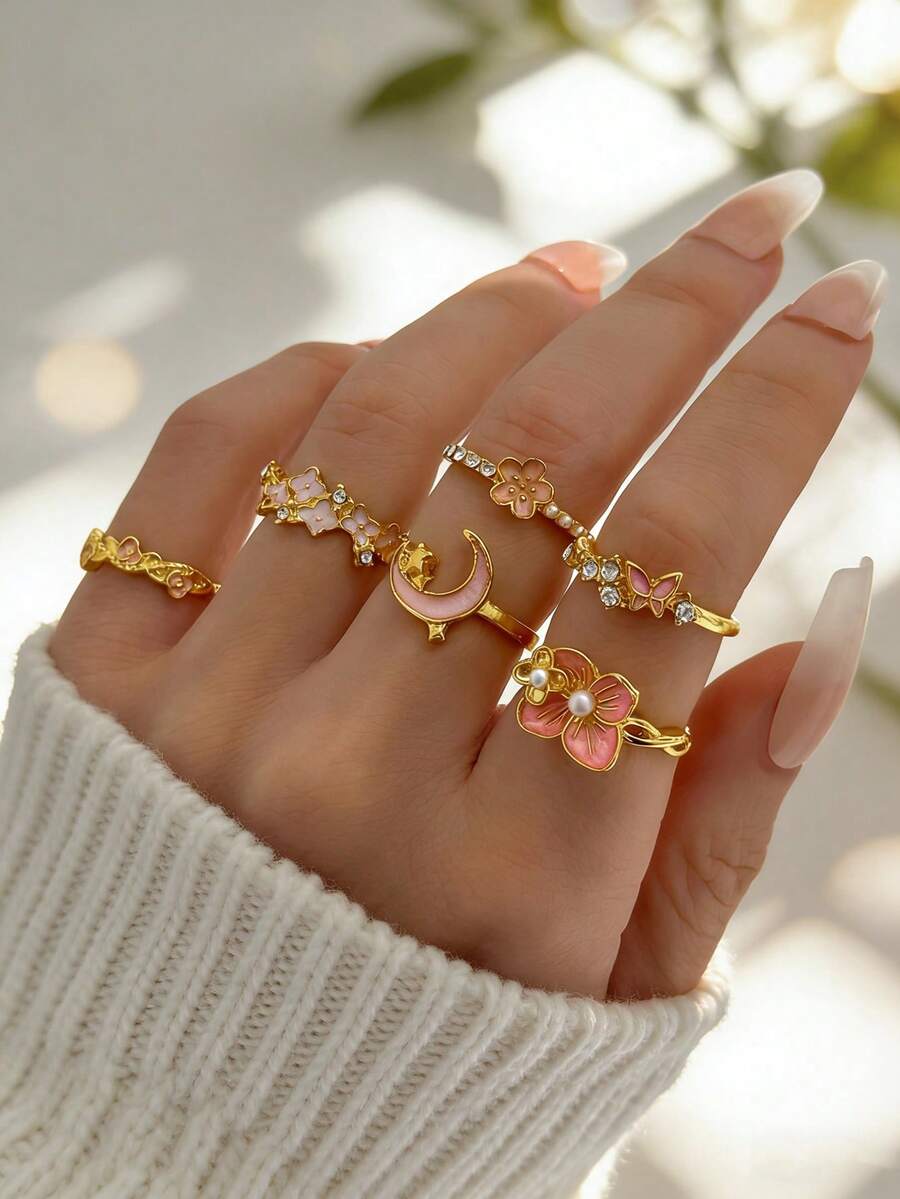 Set de 6 anillos de esmalte con diseños de flor, estrella y luna, anillos apilables con flores rosas y perlas falsas para mujeres - Dorado - Ver 1