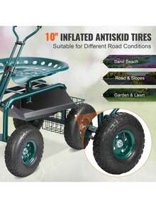 Garden Cart Rolling Workseat With Wheels, Gardening Stool For Planting, 360 Degree Swivel Seat, Wagon Scooter With Steering Handle & Utility Tool Tray, Use For Patio, Yard, And Outdoors, Green - Dark Green - View 4