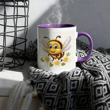 1pc Hardworking Bee Design Mug - 11oz Ceramic Coffee & Tea Cup With Cute Cartoon Bee, Daisies & Polka Dot Pattern - Perfect Gift For Elderly Men, Women, Birthdays, Mother's Day, Father's Day, Christmas, Bee Decorations For Home, Everyday Drinkware, Cheerful Kitchenware, Durable Drinkware - 紫色 - 查看 3