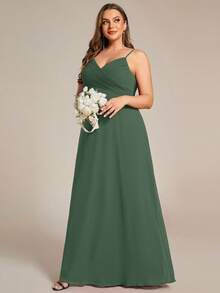 EVERPRETTY 优雅V领褶皱胸部森林绿伴娘长裙，春季 - 綠色 - 查看 4