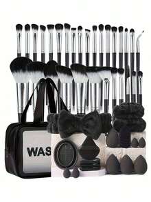 12/20/51件套黑色化妆刷套装，包含眼影刷、眉刷、粉底刷、散粉刷、腮红刷、遮瑕刷和高光刷，采用超柔软优质合成毛制成，是日常面部彩妆的理想之选。 - 彩色 - 查看 1