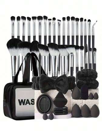 12/20/51pcs Black Makeup Brush Set, Including Eyeshadow Brush, Eyebrow Brush, Foundation Brush, Powder Brush, Blush Brush, Concealer Brush And Highlighter Brush, Made Of Ultra-Soft Premium Synthetic Hair, Ideal For Daily Facial Makeup