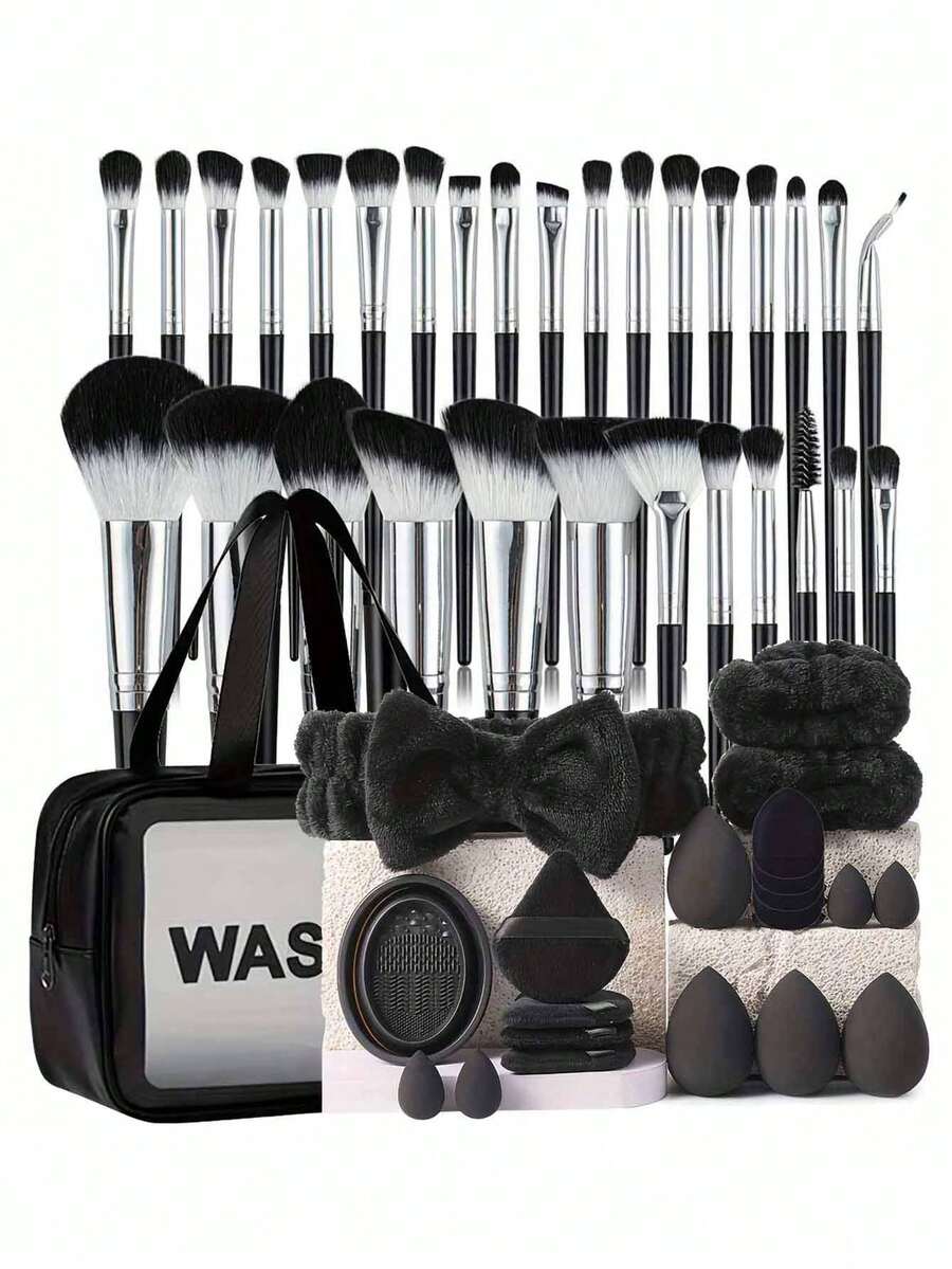 12/20/51件套黑色化妆刷套装，包含眼影刷、眉刷、粉底刷、散粉刷、腮红刷、遮瑕刷和高光刷，采用超柔软优质合成毛制成，是日常面部彩妆的理想之选。 - 彩色 - 查看 1