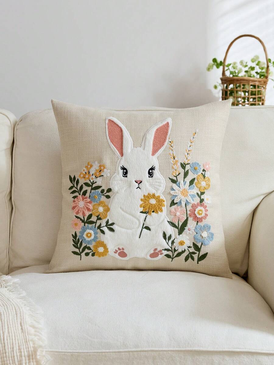 1 chiếc vỏ gối thêu hình thỏ Phục Sinh màu be và hoa dại nhỏ, vỏ gối hoa mùa xuân, thích hợp trang trí trong nhà, vỏ gối trang trí mùa xuân/hè, không bao gồm ruột gối.