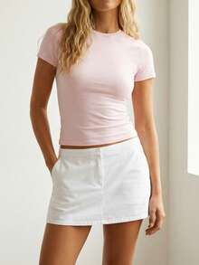 RRIVE Basic Soft Ribbed Baby Tee Slim Fit T-Shirt Solid Crew Neck Short Sleeve Tops For Women, Stretchy Basic Tee For Yoga Workout Gym Athleisure Casual Daily Wear Summer Spring Outfits Vacation Outfits Women - Hồng - Xem 5