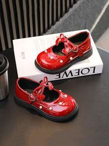 7-18 Years Old Children's Red Patent Leather Flat Shoes, Suitable For Spring And Autumn Outdoor Activities, Park Walking, Non-Slip And Wear-Resistant Soft Bottom Comfortable Lightweight Girls' Shoes, Red Bow Tie Mary Jane With Pearl Decoration Cute Heart-Shaped Red Patent Leather Girls' Princess Shoes, Elegant Red Performance Shoes For School Campus And Student Performances - Red - View 1