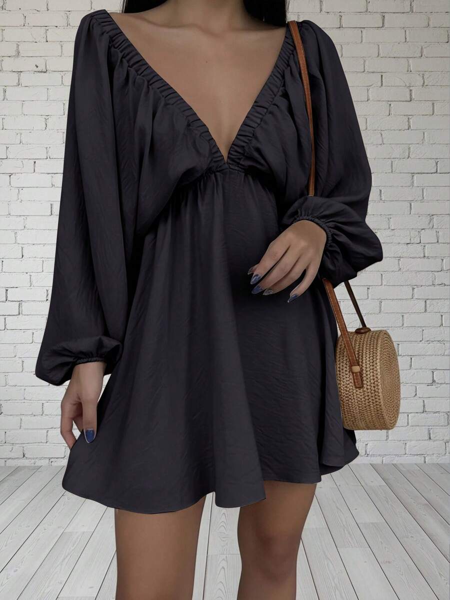Women's Summer Vacation Solid Deep V-Neck Lantern Sleeve Backless Mini Dress - Black - View 1