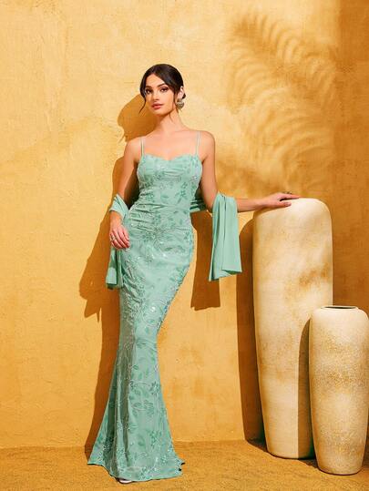 Mint Green Sweetheart Neckline Floral Embroidery & Sequin Decor Maxi Fishtail Party Evening Dress