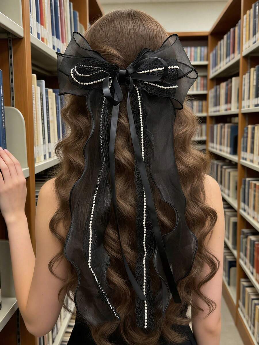 1件优雅百搭黑色珍珠链条网状蝴蝶结发夹，爪夹，发卡，发夹，头饰，女士发饰，发卡 - 黑色 - 查看 1