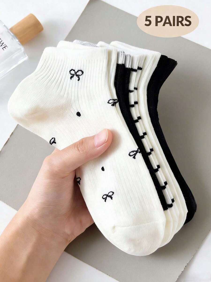 1/5 Pairs Women Cute Breathable Striped Bow Polka Dot Pattern Ankle Socks, Moisture-Wicking, Suitable For Casual Daily Wear, Spring/Summer - Multicolor - View 1