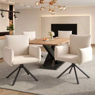 4 Esszimmerstühle Set, Gepolsterter Sessel Mit 4 Metallbeinen, 360° Lässiger Drehstuhl, Wohnzimmer Schlafzimmerstuhl, Arbeits- Und Schreibtischstuhl, Lordosenstütze, Leinen, Beige4
