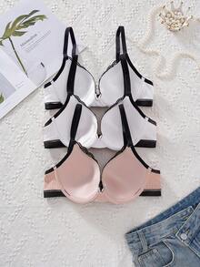 3 قطع من حمالات الصدر ذات التباين الأبيض والأسود مع تصميم الدانتيل والأسلاك، قابلة للتعديل، أنيقة وجذابة - متعدد الألوان - مشاهدة 2