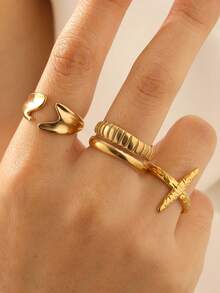 3pcs/Set Fashionable INS Minimalist Vibe High-End Plated Stainless Steel Cross & Geometric Open Ring, Adjustable Fit For Women Daily, Party, Date Wear