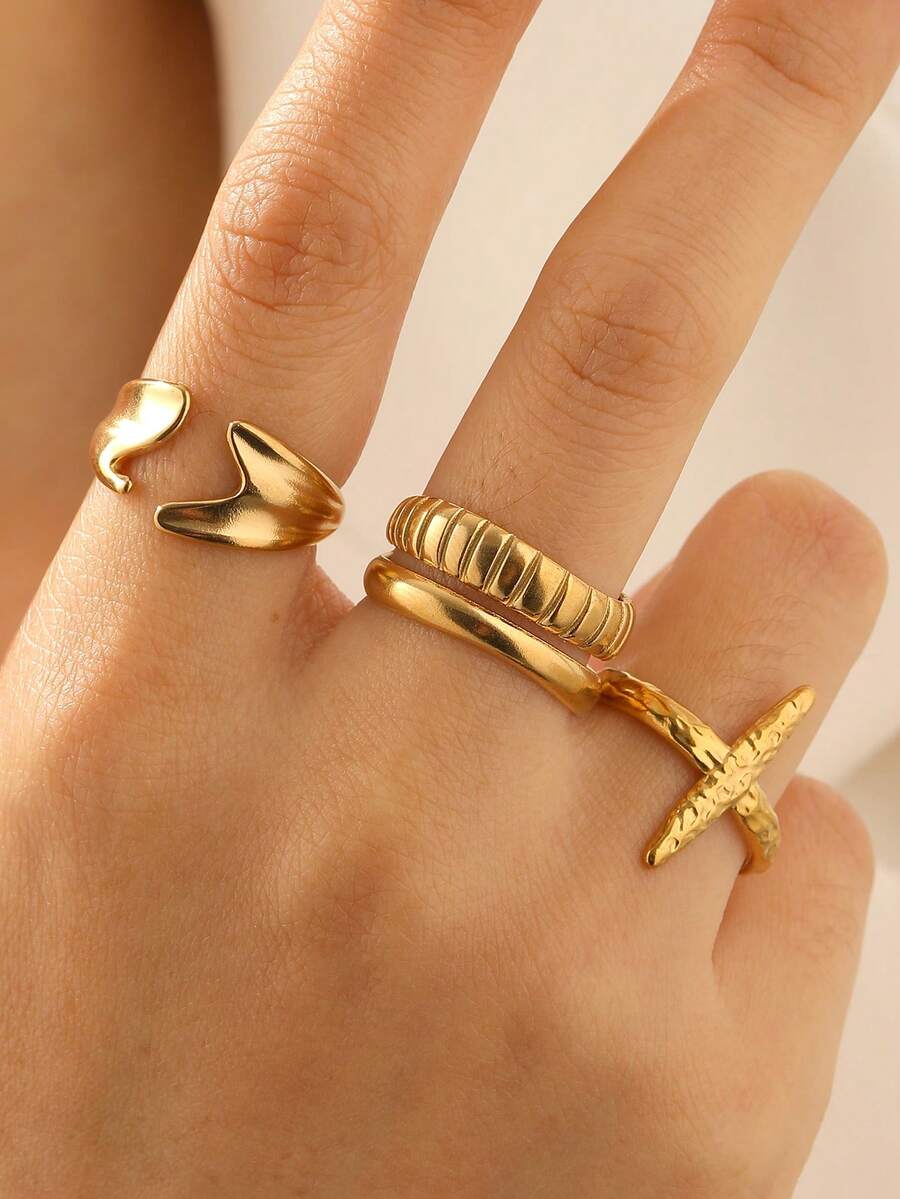 3pcs/Set Fashionable INS Minimalist Vibe High-End Plated Stainless Steel Cross & Geometric Open Ring, Adjustable Fit For Women Daily, Party, Date Wear