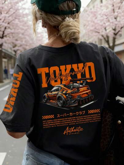 女士夏季新款简约字母 TOKYO 赛车印花休闲宽松百搭圆领黑色短袖T恤，适合日常和度假穿着