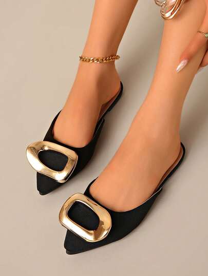 2026 Spring New Women's Slip-On Shoes Fashion Mule Shoes, Black Pointed Toe Fabric Shiny Slip-On Loafers For Commuting