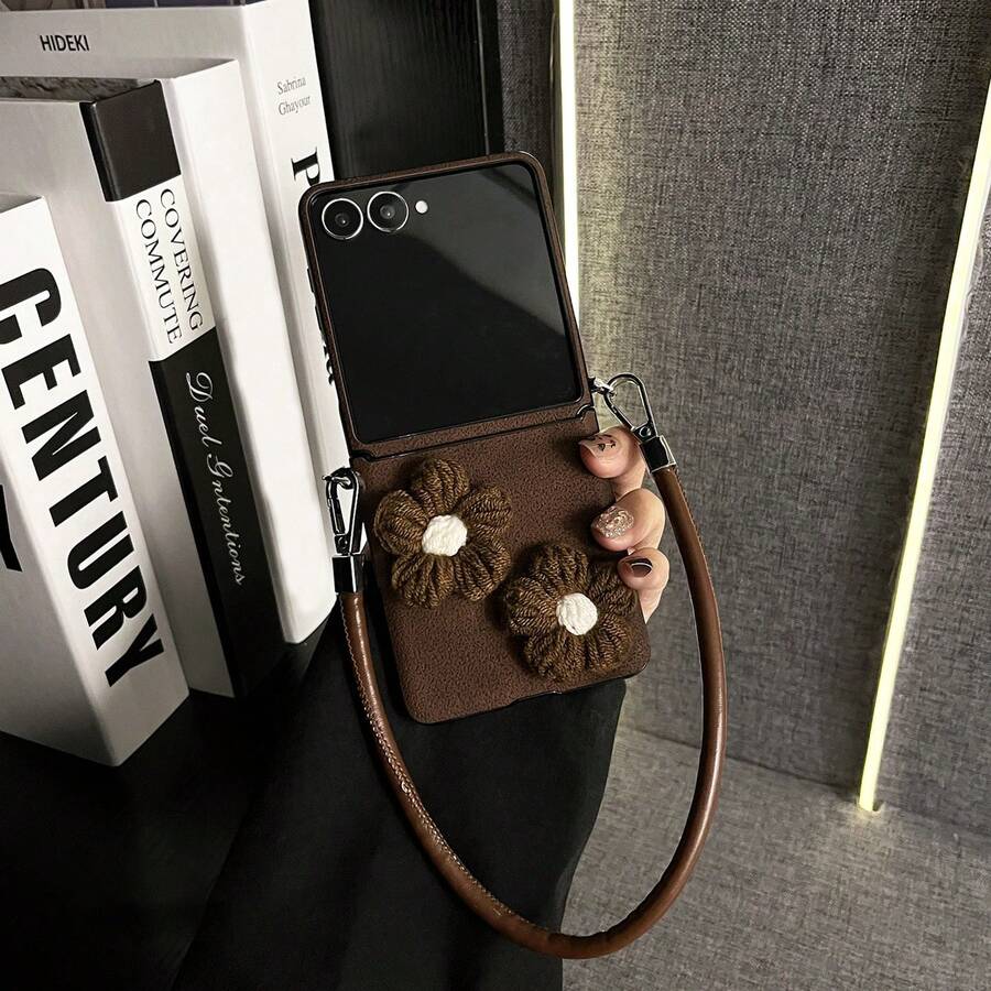 Korean Wool Flower Moon Pit Pattern Brown Phone Case With Anti-Loss Protable Strap Compatible With Samsung Galaxy ZFlip7 Z Flip6 ZFlip 5 Zflip6 Zflip5 Shockproof Back Cover - Brown - View 1