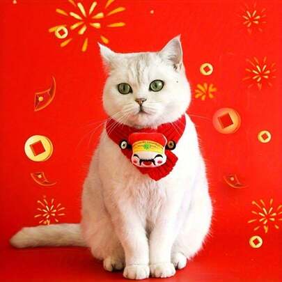 1件猫咪新年围巾，宠物猫圣诞围兜，节日围巾，猫咪口水巾，宠物节日装饰，宠物新年/圣诞节礼物