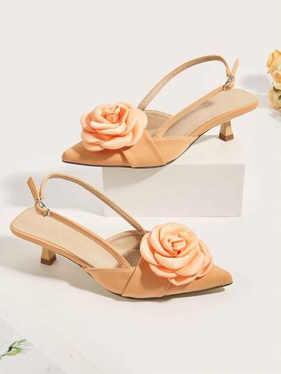 Women's Elegant Solid Color Pointed Toe Slip-On Pumps, Versatile Sophisticated Party Comfortable Fashion Open Toe High Heel Shoes With Floral Decor Satin Exposed Heel Kitten Heels