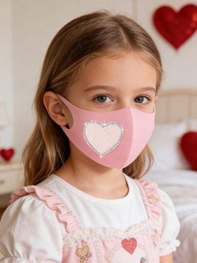 1pc Cute Crystal Heart & Bow Decor Face Mask For Teens & Tweens, Suitable For Daily Wear, Outings, Outdoor, School, Photo Shoots, Fashionable Accessory For Girls