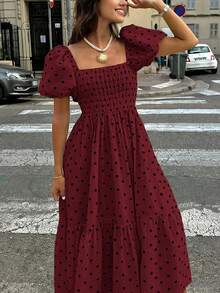 Đầm nữ kẻ caro dáng bohemian thanh lịch tay phồng xếp ly màu đỏ tía mùa xuân/hè 2026, trang phục đi nghỉ mát, trang phục thường ngày, đầm thanh lịch, đầm dự đám cưới, trang phục nghỉ hè, trang phục đi xem hòa nhạc, trang phục đường phố, đầm thanh lịch, trang phục ngày lễ, trang phục Valentine, đầm hè đi nghỉ mát - Màu Đỏ Sâu - Xem 2