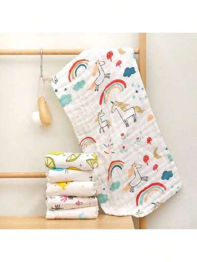 1pc/3pcs Baby Face Towels, Six Layer Gauze Square Towels, Gauze Drool Towels, High-Density Cartoon Small Towels, Printed Handkerchiefs, Baby Face Towels,