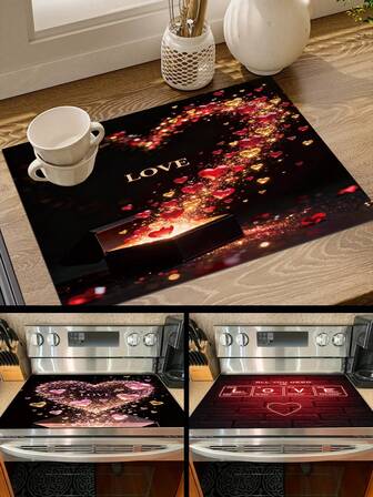 1 pieza Diseño de corazón brillante | Feliz Día de San Valentín | Estera de cubierta de la estufa, Estera de la estufa con estilo de texto LOVE, Resistente al calor, Antideslizante, Resistente a los arañazos, Fácil de limpiar, Pieza de repuesto para la estufa, Adecuada para estufa, lavavajillas, lavadora, secadora, placa de inducción y plancha, Protector de cubierta de estufa de vidrio cerámico, Resistente al calor, a prueba de arañazos, antideslizante, Cubierta de la estufa, Decoración de mesa, Alfombrilla para cafetería, Alfombrilla para máquina de café, Alfombrilla de piso, Alfombrilla antideslizante para baño, Alfombrilla para secar platos, Decoración de cocina, Decoración de habitación, Regalo perfecto de uso múltiple