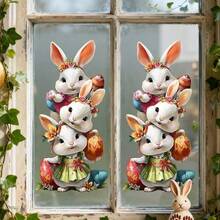 1片可爱兔子窗贴，饰有复活节彩蛋和气球图案，静电吸附膜材质，PVC材质，适用于家居、店铺展示、玻璃推拉门装饰 - 彩色 - 查看 8