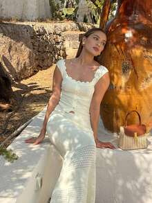 FOR BEAUTY Spring/Summer New Arrival Women's Solid Yellow Knit Two Pieces Set Wavy-Hem Youthful Knit Cardigan Paired With Long Knit Skirt With Belt Elegant Vacation-Ready Style, Perfect For Beach Getaways And Everyday Outings Vacation Set, Women's Summer Clothing, Women's Vacation Outfits, Women's Beachwear - Yellow - View 9