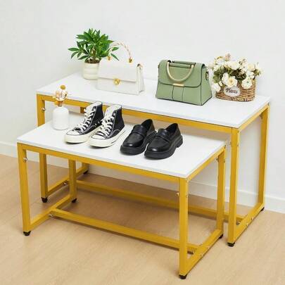 2-Piece Set Gold Modern Nesting Tables Metal Gold Shoe Handbag Retail Display Racks, Boutique Display Table For Garment, Shoes, Ornaments, Handbag, Dessert, 100lbs Load Capacity