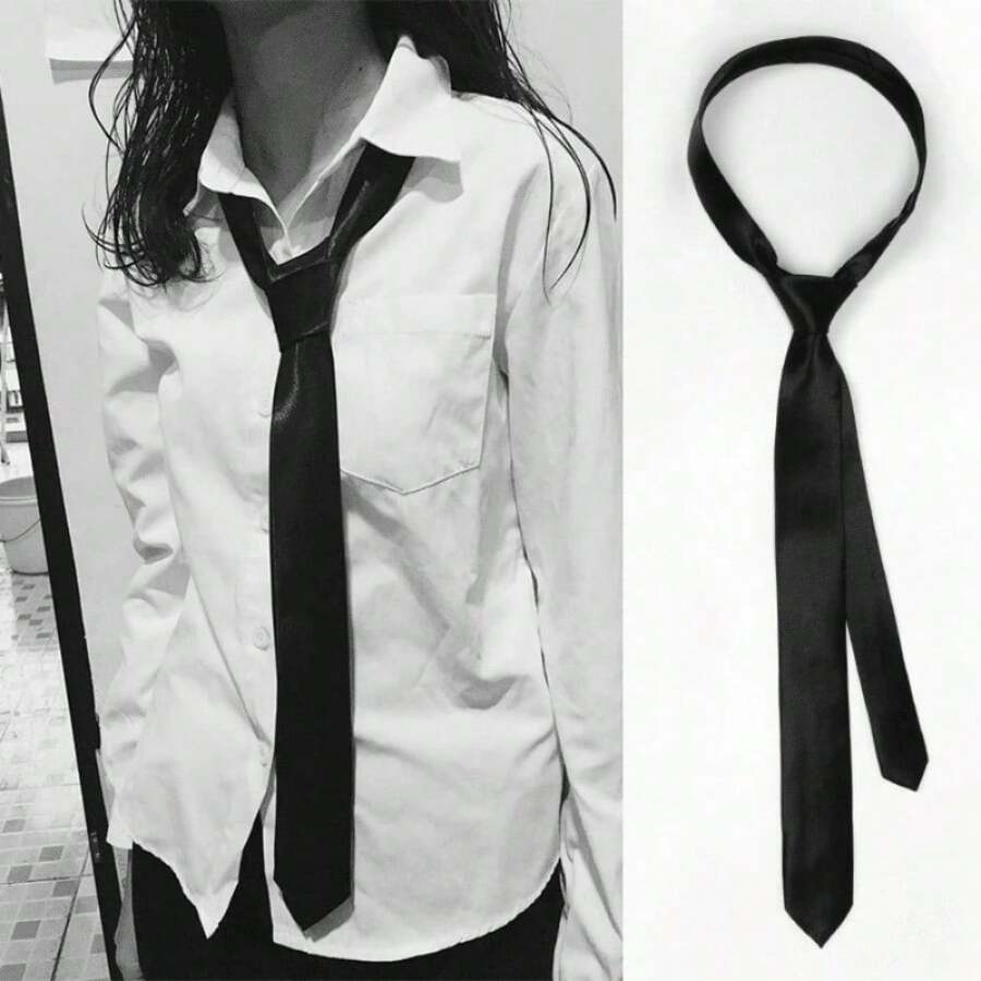 1pc Ladies' Polyester Narrow Necktie, Handmade, Suitable For Daily Shirt Decoration And As A Gift - 黑色 - 查看 1