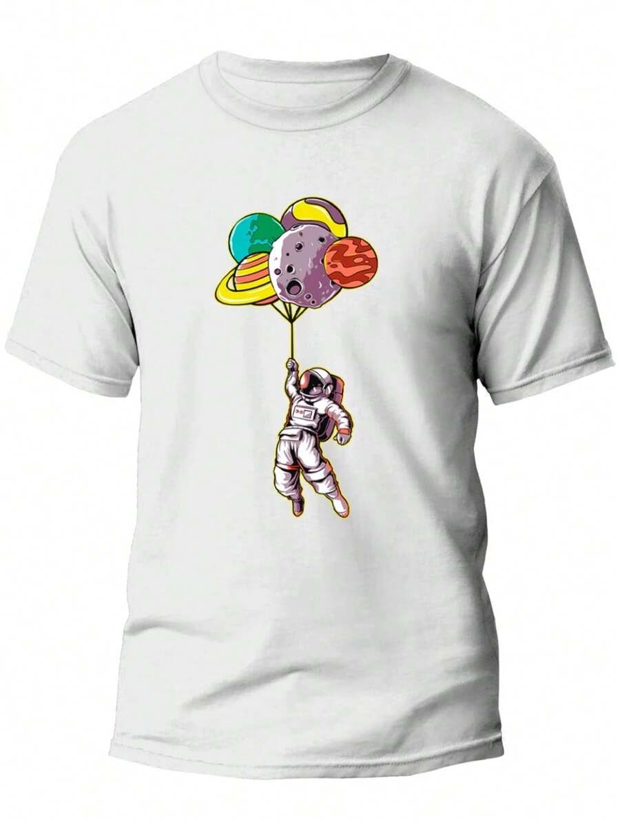 Camiseta Homen e Mulher T-Shirt Unissex Estilo Moda Estampada Astronauta Flutuando com Balões Planetas Style Barato Camisa Estilosa Masculina e Feminina - 100% Algodão Promoção Frete Grátis Rápido - Branco - Visão 1
