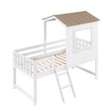 Children's Bed, Mid-Sleeper Bed, House Bed With Roof And Window, Four-Sided Fence, With Small Stairs, Free Storage Space Under The Bed, Pine + MDF + Plywood, White + Natural, 90x200cm - 白色 - 查看 9