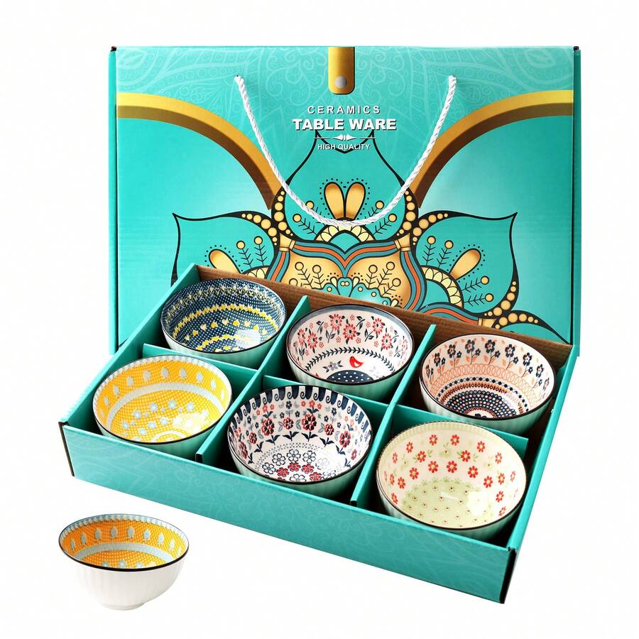 6-Piece Bohemian Ceramic Bowl Set With Gift Box - Soup, Dessert & Ice Cream Bowls For Kitchen & Dining | Colorful Handcrafted Small Dishes For Snacks - 彩色 - 查看 1