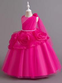 Children's Princess Dress, Tulle Skirt, Flower Girl Tween Girl Dress, Long Gown For Christmas Performance, Runway, Wedding, Emcee, Piano Recital (Please Refer To The Size Chart In The Product Details To Select The Appropriate Size) - 玫紅色 - 查看 4