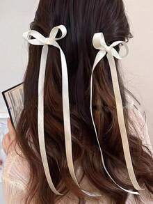 2pcs/Set Ladies' Bow Long Ribbon Hair Clips, Suitable For Daily Use Cute Valentine's Day Valentines Hair Claws Claw Clips Hair Jaw Clip Hair Clamps Hair Clutch Hair Catcher Clip, Bow Accessories, School Stuff, College Fall Winter Hair Accessories For Women For Vacation Outfits Woman - Multicolor - View 4