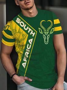 Alae 男士 3D 印花南非图案 T 恤 - 绿色黄色圆领休闲短袖，犀牛图案，可机洗，常规版型 - 白色 - 查看 2